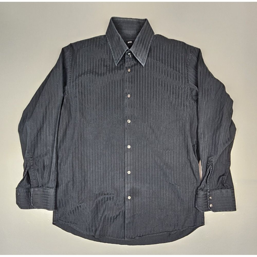 Hugo Boss Button Up Shirt Mens 16/22-23 Black Striped Dress Shirt‎